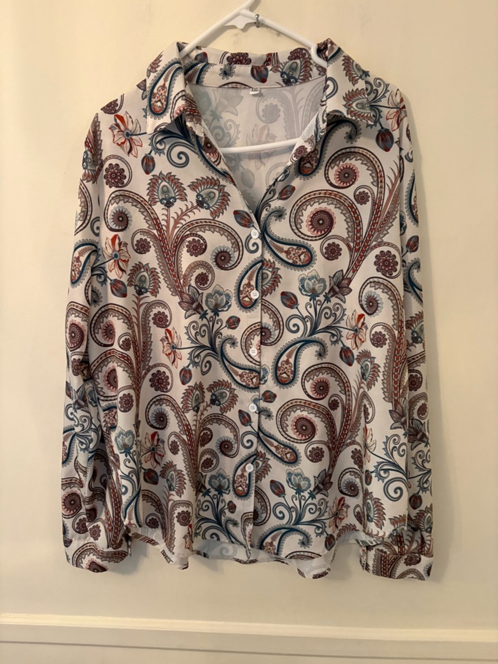 Women’s Plus Paisley Button Front Long Sleeve Blouse